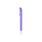 A purple ballpoint pen with a silver tip is positioned vertically against a white background. The pen has a clip near the top for attaching to a pocket or notebook.