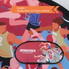 Illustration of various athletes in motion, wearing vibrant sports attire. An orange banner reads Durable Quality fabric and frame material. The bottom section includes the text ATHLETICS championship with a design featuring more athletes.