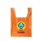 An orange reusable shopping bag featuring a logo with a blue cloud connected to a yellow circle with a red cross inside. The word Cloudly in red appears below the logo.
