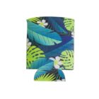 A colorful drink koozie with a tropical design featuring large blue and green leaves and small white flowers against a dark background.