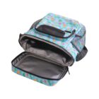 A pastel blue lunch bag with an open front compartment, displaying a smooth, insulated interior. The exterior features a colorful pattern of pineapples, stars, and tropical designs, along with black zippers and side mesh pockets.