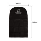A black garment bag with a curved top featuring a white circular logo and the text COMPANY YOUR TAGLINE. Dimensions are indicated: 800mm wide and 1500mm tall.