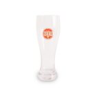 Tall, clear beer glass with a narrow base and wider top, featuring an orange Original Beer label on the front. The background is white.