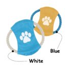 Two circular dog toys featuring white paw prints. One toy has a blue fabric center with a white rope, and the other has a yellow fabric center with a blue rope. Labeled arrows point to the ropes, indicating their colors: white and blue.