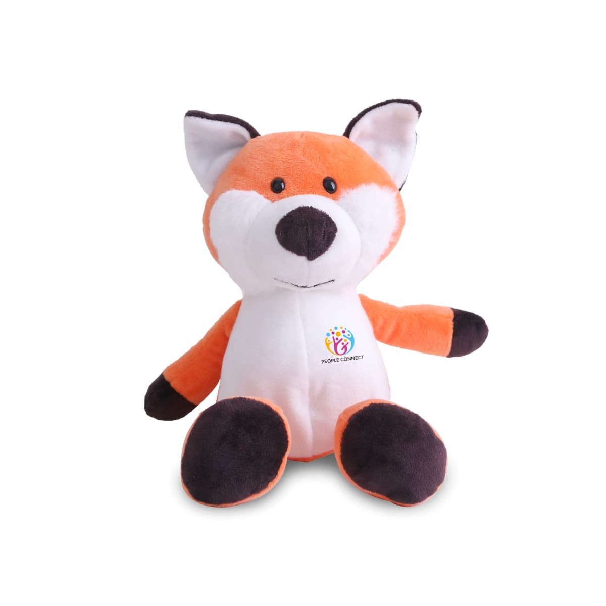 A plush toy fox with orange and white fur, large pointed ears, and a friendly expression sits against a white background. The fox features a small multicolored logo on its chest and has dark brown paws and ear tips.