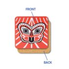 Square cork coaster with a red and white stylized face design on the front. The back is plain cork. The coaster is labeled with front and back indicators.
