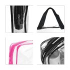 Collage of clear toiletry bags with black and pink zippers and a black carrying handle.
