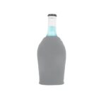 A glass bottle with a dark cap is covered by a gray sleeve up to its neck. The bottle contains a light blue liquid. The sleeve wraps snugly around the bottle, leaving the cap and neck exposed against a white background.