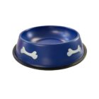 A blue pet bowl with white bone designs on the sides, featuring a black non-slip base.
