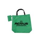 Green tote bag with black handles and a small attached pouch. It features a logo of a stylized wolf above the text REMUS SPORTAUSPUPP.
