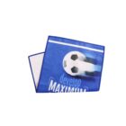 Blue and white sports towel with a soccer ball design and the words develop MAXIMUM printed on it. The towel is folded and features a dynamic illustration of a blurred soccer ball.