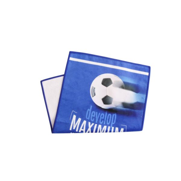 Blue and white sports towel with a soccer ball design and the words develop MAXIMUM printed on it. The towel is folded and features a dynamic illustration of a blurred soccer ball.