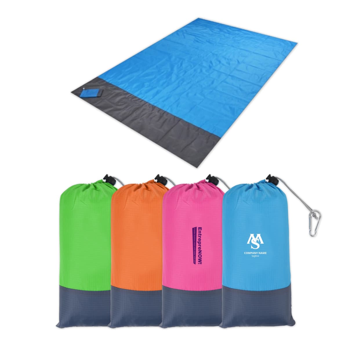 Four compact, portable picnic blankets in blue, orange, pink, and light blue are shown in drawstring bags. A spread-out blue blanket with a gray border is displayed above. One bag has a logo and another reads Company Name.
