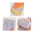 Collage of three images showing a pair of socks with a light gray base, featuring orange and yellow geometric patterns. The images include a close-up of the toe, the cuff, and hands stretching the sock to show flexibility.