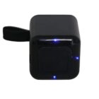 A small black rectangular device with a rounded pull tab on its side. The front panel shows several blue indicator lights, suggesting its powered on or charging. The devices compact design hints at portability or a specific electronic function.