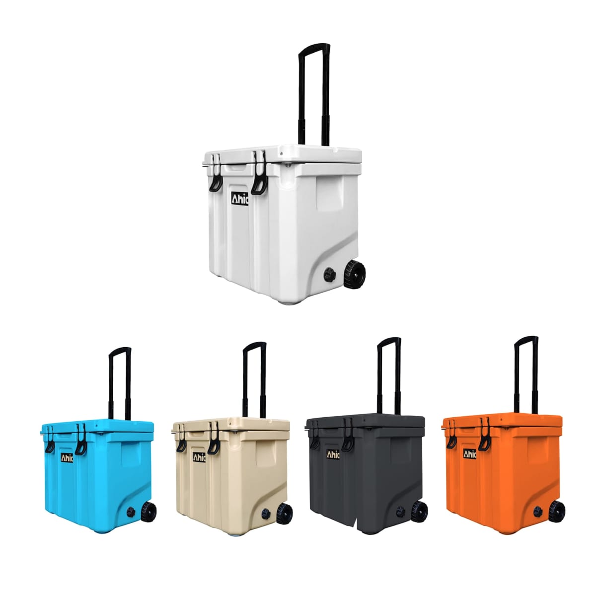 Five wheeled coolers with extendable handles are shown in a row, each in a different color: white, blue, beige, black, and orange. Each cooler has a rounded top and a logo on the side.