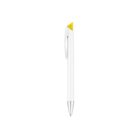 A sleek white pen with a modern design. It features a yellow triangular accent near the top and a silver tip. The pen clip is integrated into the white body, adding to its minimalist appearance. The background is plain white.
