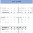 Size chart for PCC022 clothing. Mens sizes S-5XL with chest 104-139 cm, length 68-81.5 cm. Womens sizes L6-L18 with chest 81-118 cm, length 57-69 cm. Kids sizes 6Y-16Y with chest 64-88 cm, length 53.5-66 cm.