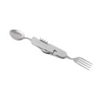A multi-tool utensil featuring a detachable spoon and fork at opposite ends, with a corkscrew and can opener in the middle, made of stainless steel.