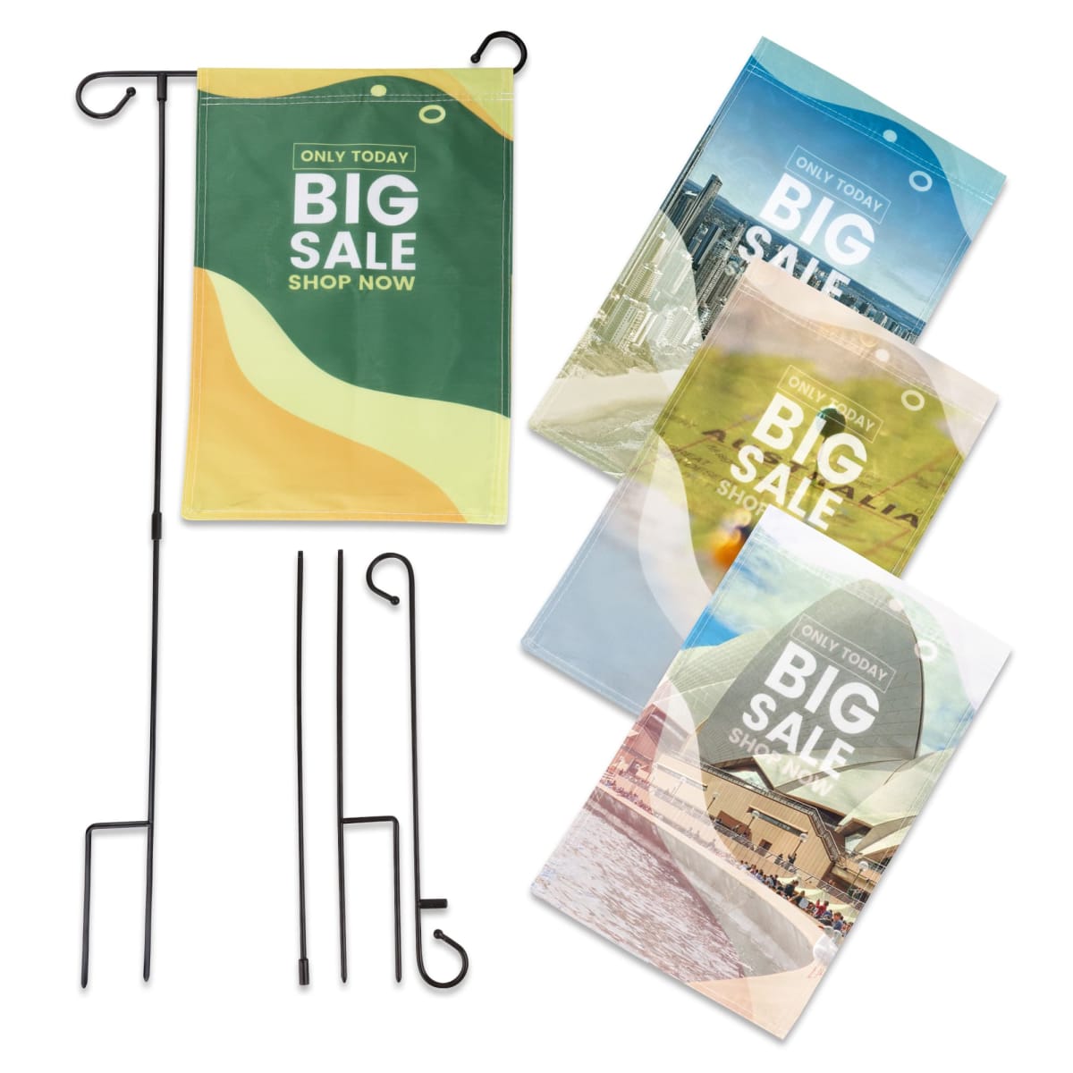 Four promotional garden flags with Only Today Big Sale Shop Now text, each in different colors and images, are displayed on top of iron stakes.