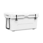 A white, rectangular cooler with a sturdy lid, secured by two black latches on the front. It has carrying handles made of black rope on the sides and a smooth, simple design.