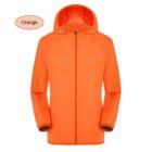 Bright orange jacket with a hood and full-length front zipper.