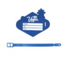 Blue Las Vegas luggage tag with fields for name, telephone, and address. Includes a detachable strap with a buckle for attachment.