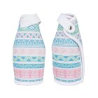 Two baby mittens with colorful geometric patterns in pink, blue, and green. They feature triangles, zigzags, and stripes, with white trim and a snap button closure at the wrist.