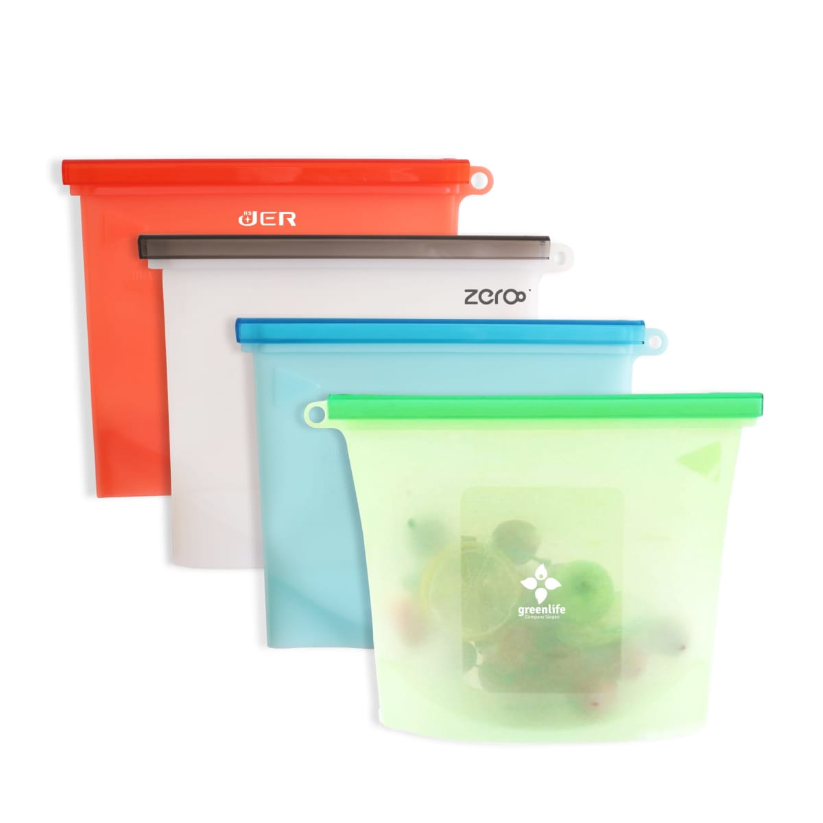Four reusable silicone food storage bags are displayed. They are arranged overlapping from front to back in green, blue, white, and orange colors. The front bag is partially filled with fruits and has a greenlife logo.