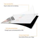 Illustration showing layers of a magnetic fridge planner: stain-resistant film for easy cleaning, a full-color printed layer with ample writing space, and a strong magnet layer to prevent slipping.