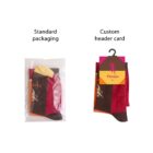 Two socks shown with different packaging. The left sock is in a clear plastic bag labeled Standard packaging. The right sock has a colorful Fitness header card and is labeled Custom header card. Both socks have a similar stripe design.