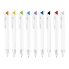 Nine white pens are lined up vertically. Each pen has a different colored tip: orange, yellow, green, light blue, blue, purple, black, white, and gray. All pens have silver clips and tips.