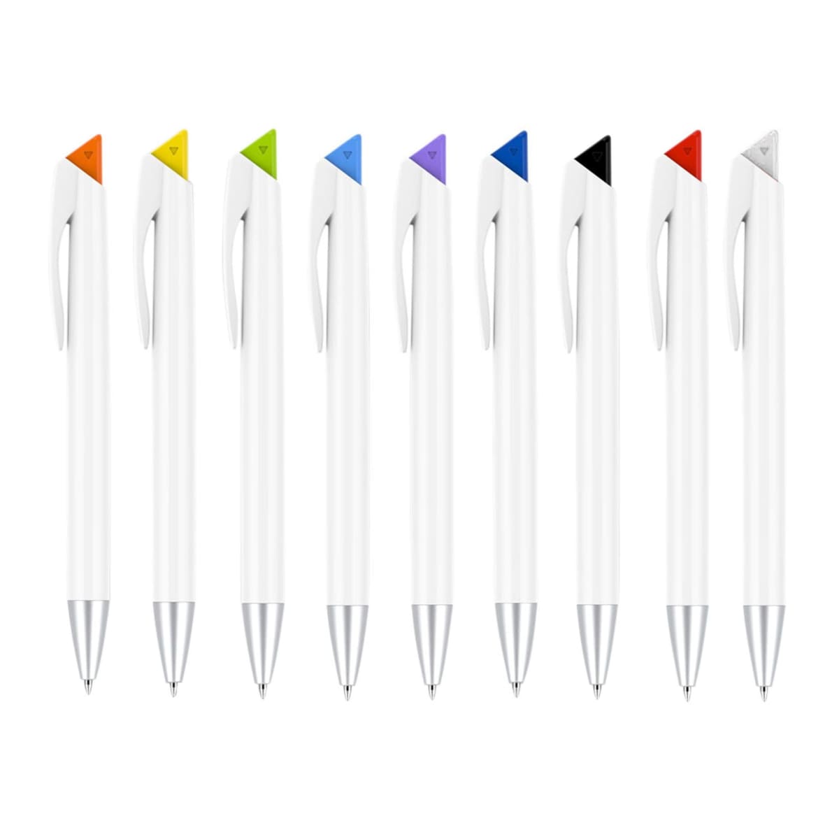 Nine white pens are lined up vertically. Each pen has a different colored tip: orange, yellow, green, light blue, blue, purple, black, white, and gray. All pens have silver clips and tips.
