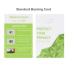 Image of a standard backing card for a webcam cover. The left side shows installation instructions with images, and the right side features the text PROTECT YOUR PRIVACY WEBCAM COVER alongside a geometric green design.