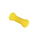 A small, bright yellow dog bone-shaped toy set against a white background. It has rounded ends and a smooth surface.