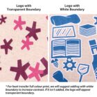 Comparison of two logos on a fabric: Left shows a pink logo with a transparent boundary; right displays a blue logo with a white boundary. Text below suggests adding a white boundary for better contrast in heat transfer prints.