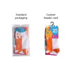Two packages of colorful socks are shown. The left package is labeled Standard packaging and is a clear plastic bag. The right package is labeled Custom header card and has a decorative card with a MAGIC MILK label.