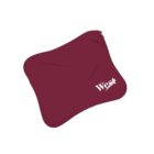 A maroon saddle pad with a curved shape and a logo that reads West in white text on one corner. The pad has reinforced stitching and slots for attachment.