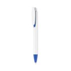 A white and blue retractable ballpoint pen, shown upright on a plain white background. The barrel is white with a blue tip and a white clip.