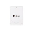 White plastic wall-mounted holder with the text Aegis and a logo. The holder has a closed lid, a front opening, and a curved design.