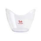 A transparent ice bucket with curved handles. The bucket features a red logo and the text infinitymarket on its front.