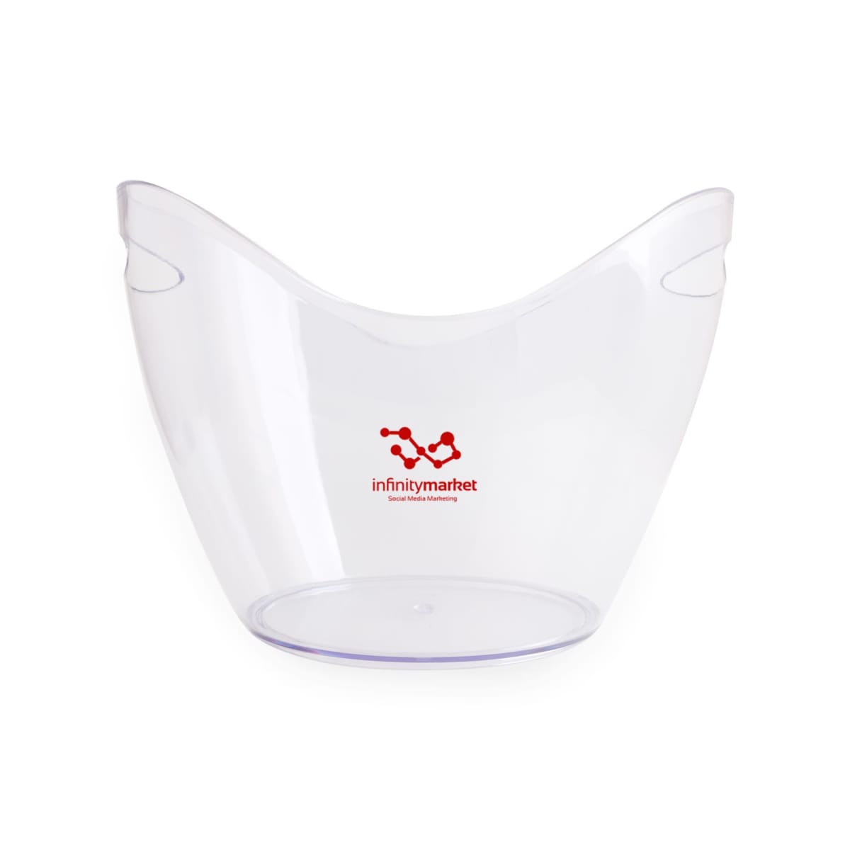 A transparent ice bucket with curved handles. The bucket features a red logo and the text infinitymarket on its front.