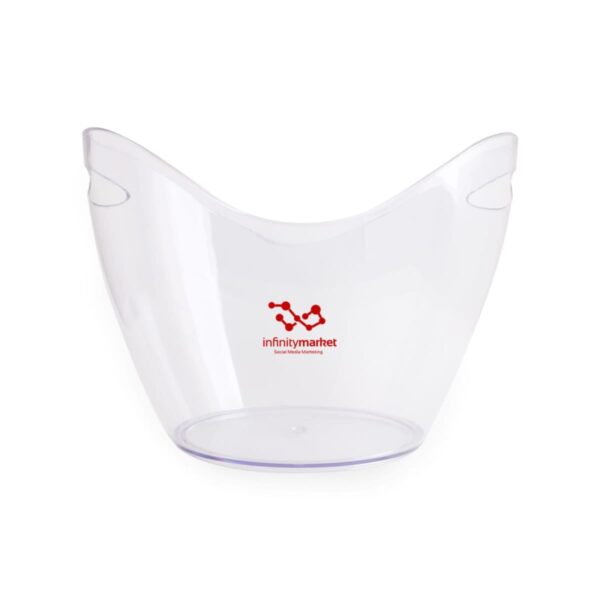 Clear ice bucket with side handles, featuring a red infinity martket logo on the front. The design is sleek and modern, suitable for chilling bottles.