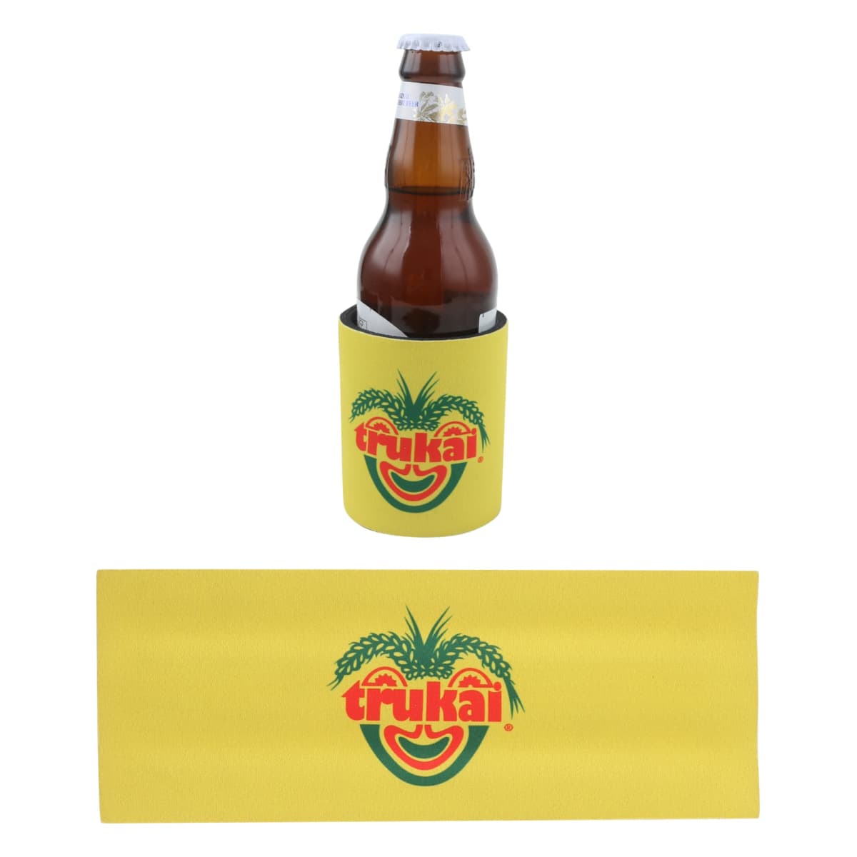 A brown glass bottle with a cap sits in a yellow koozie featuring a smiling face logo with green leaves and the text Trukai. Below, the flat koozie displays the same design.