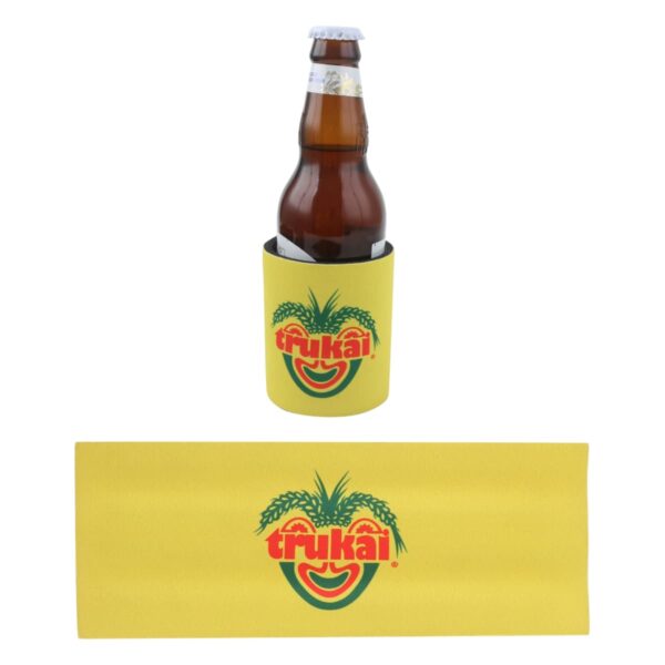 A brown glass bottle is in a yellow koozie featuring a logo with green rice stalks and the word Trukai. Below is an unfolded view of the yellow koozie with the same logo.