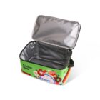 An open rectangular cooler bag with a colorful design on the outside, featuring an assortment of fruits and a pattern. The interior is lined with a reflective material to maintain temperature. The bag rests on a white surface.
