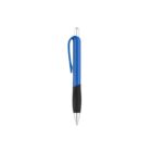 A blue and black retractable ballpoint pen with a silver tip. The pen is vertically oriented against a plain white background.