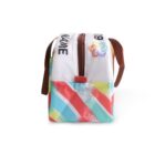 Colorful fabric zip bag with multi-colored stripes and a brown handle. The bag features the text NAME and BRAND with a vibrant multicolored swirl logo near the zipper.