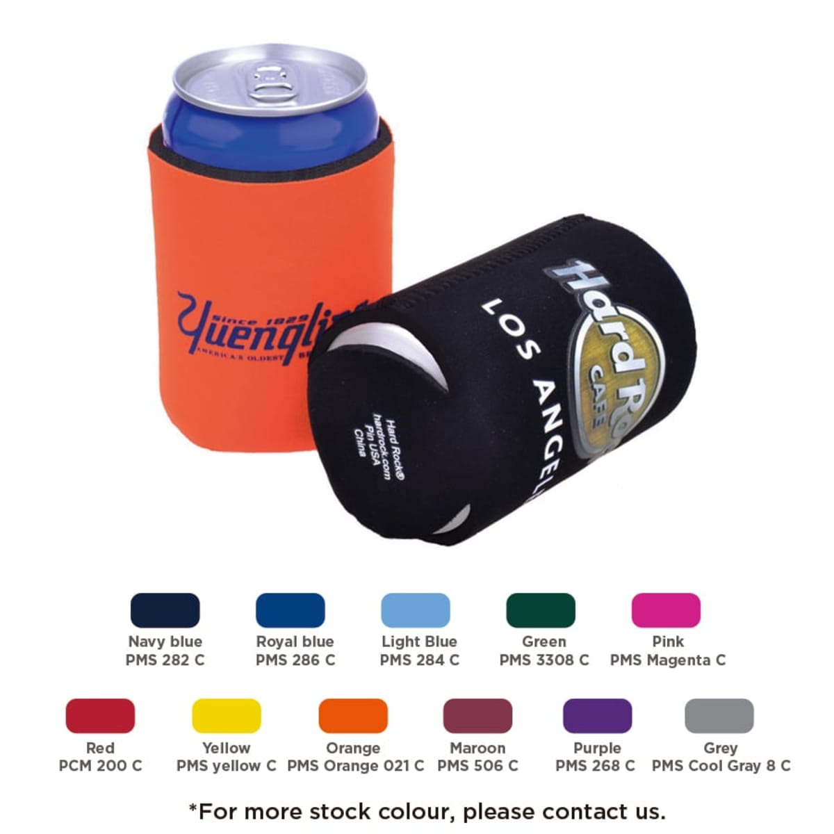 Two beverage cans in colorful koozies. One is orange with blue and yellow text, and the other is black with white text. Below are swatches of eleven colors, each labeled with its name and PMS code.