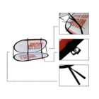 Collapsible display stand with printed panels saying MUCH BONDING. Detailed views show the connecting rods, a fastening mechanism, and securing ties.